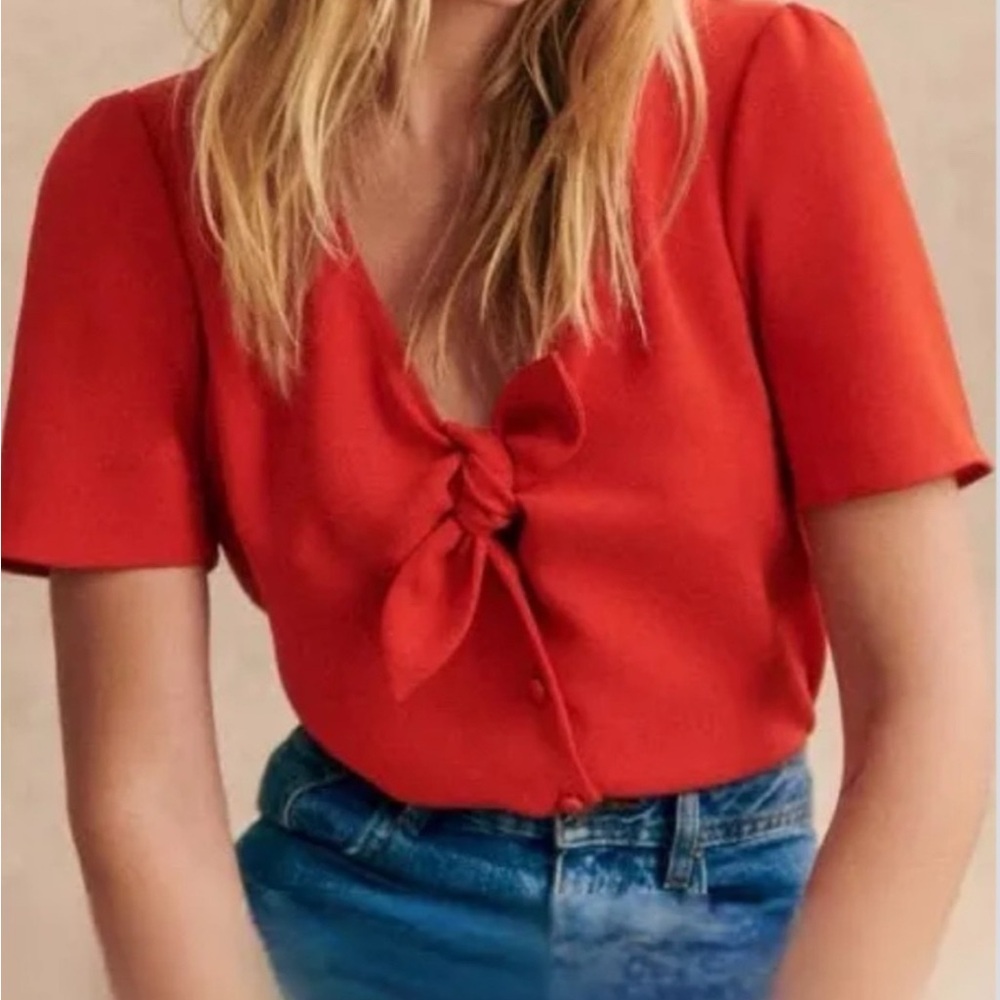 Sezane Red Tie-Front Flutter Sleeve Blouse